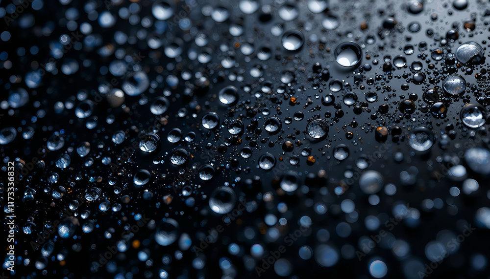 Sparkling water droplets rest on a dark, reflective surface, creating mesmerizing concentric circles, capturing the essence of purity, cleanliness, and freshness. Sparkling water droplets rest on a dark, reflective surface, creating mesmerizing concentric circles, capturing the essence of purity, cleanliness, and freshness.