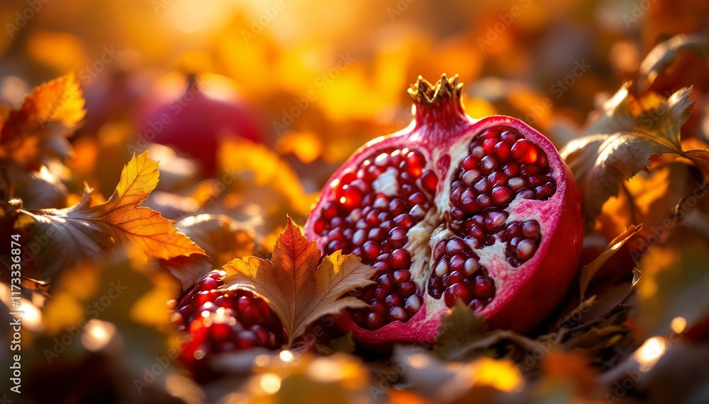 Obraz premium Autumnal Delight: A Pomegranate's Jewel-toned Heart Unveiled Among Golden Leaves