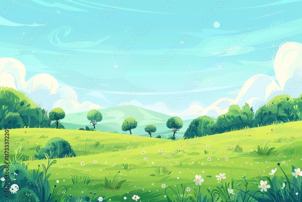 Fototapeta premium Lush Green Meadow with Scattered Flowers Under a Blue Sky