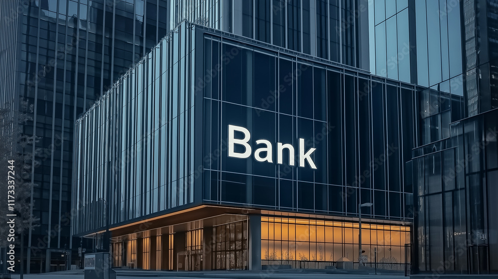 Obraz premium Corporate bank exterior with curved glass panels, clean branding, and urban surroundings in a modern cityscape.