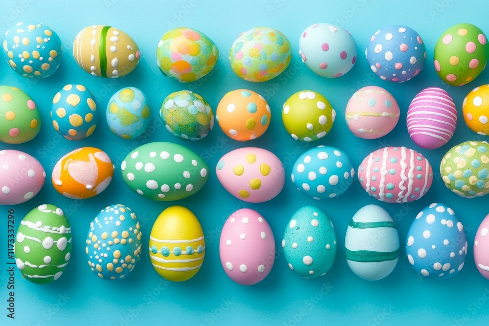 Obraz premium Colorful Easter Eggs on a Light Blue Background