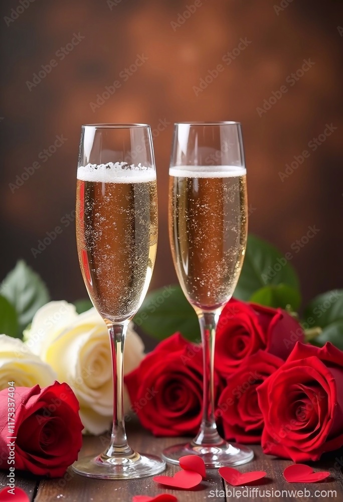 two glasses of champagne, white and red roses, heart, love