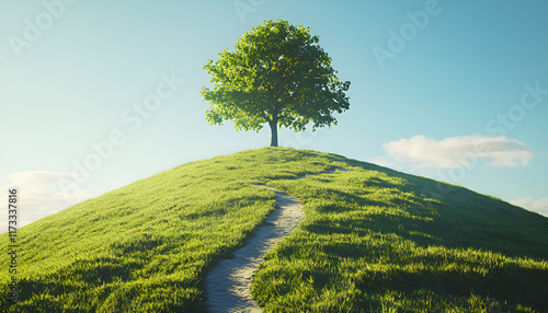 Drumlin hills and lonely tree under blue sky in summer photo