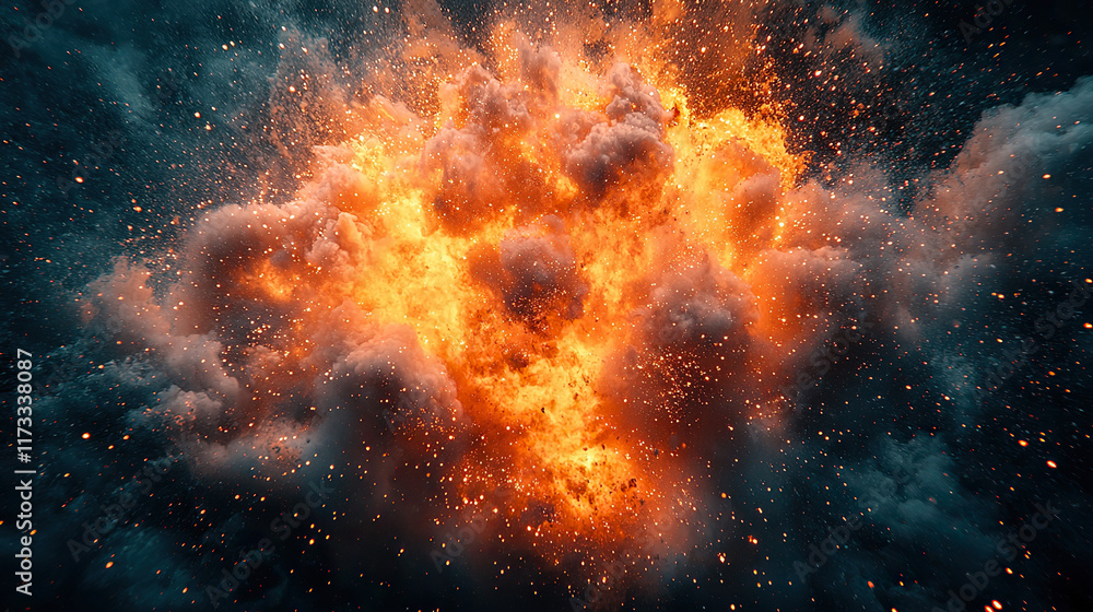 Naklejka premium explosion, black background, blast, fiery, dynamic, fireball, detonation, impact, destruction, energy, burst, smoke, flames, powerful, dramatic, intense, glowing, light, debris, shockwave, combustion,