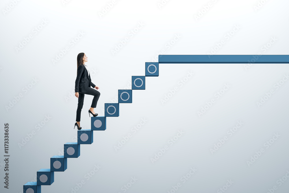 Woman in business attire climbing a symbolic staircase toward success and achievement on a minimalist background.