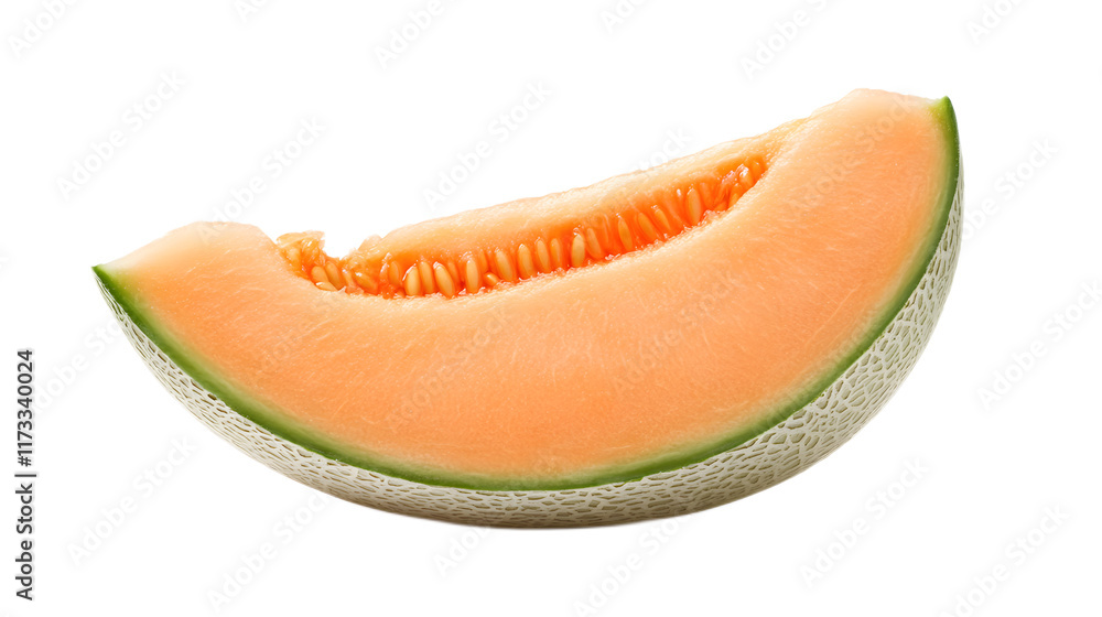 Fresh Cantaloupe Slice with Orange Flesh and Green Rind Displayed Fresh Cantaloupe Slice with Orange Flesh and Green Rind Displayed