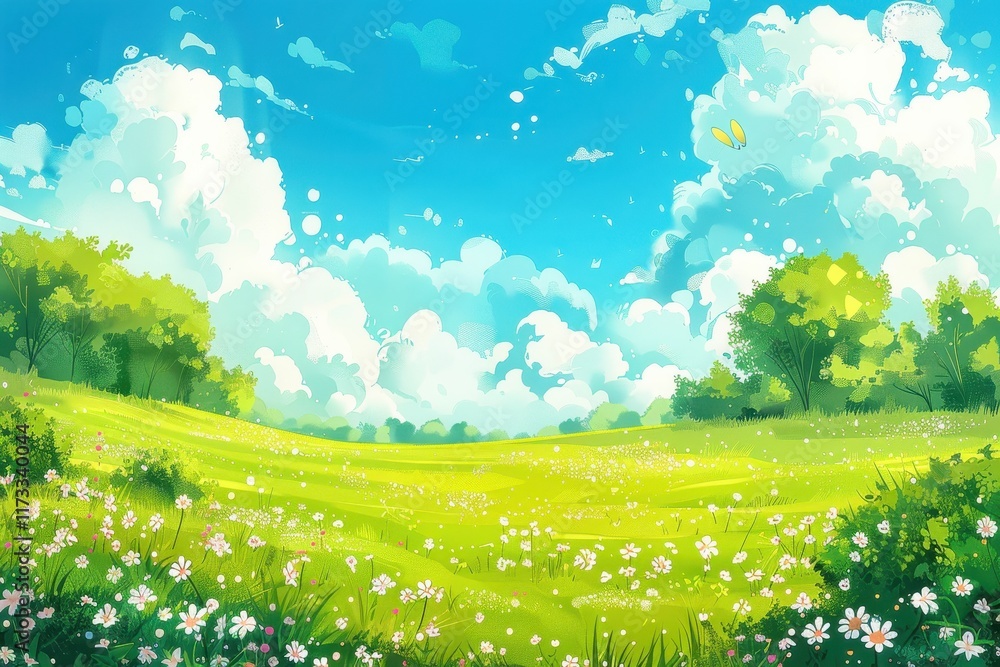 Fototapeta premium A vibrant green field with white flowers and fluffy clouds in a blue sky.