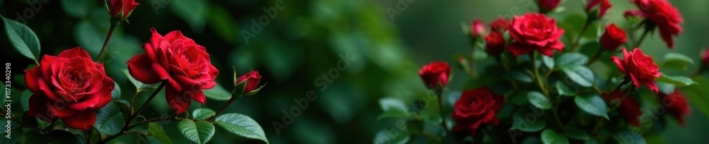 Deep red roses, lush green foliage background, rose garden, beauty, red Deep red roses, lush green foliage background, rose garden, beauty, red