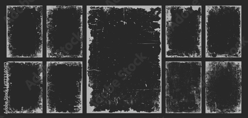 Set of grunge frame, border, photo album cover, dirty overlay business banner background, torn paper or scratch texture, watercolor pattern and retro paint brush stroke silhouette. Grunge poster frame
