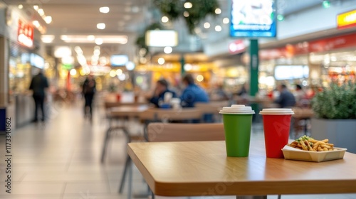 Two disposable cups and fries on a table in a busy food court.