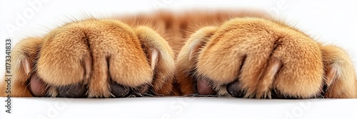 Close-up of two ginger cat paws resting on a white surface. photo