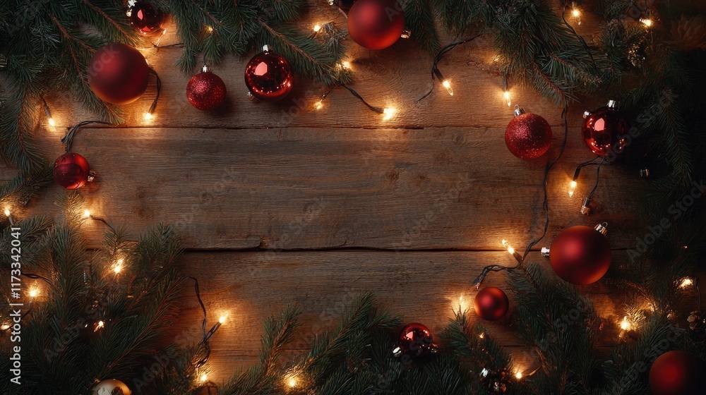 A Christmas-inspired scene with fir branches, red ornaments, and glowing string lights arranged on a wooden surface, exuding warmth and holiday cheer A Christmas-inspired scene with fir branches, red ornaments, and glowing string lights arranged on a wooden surface, exuding warmth and holiday cheer