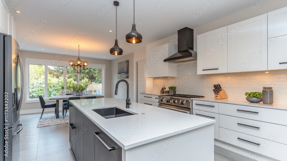 Fototapeta premium Modern kitchen with sleek design, island, and dining area, ideal for cooking and entertaining.