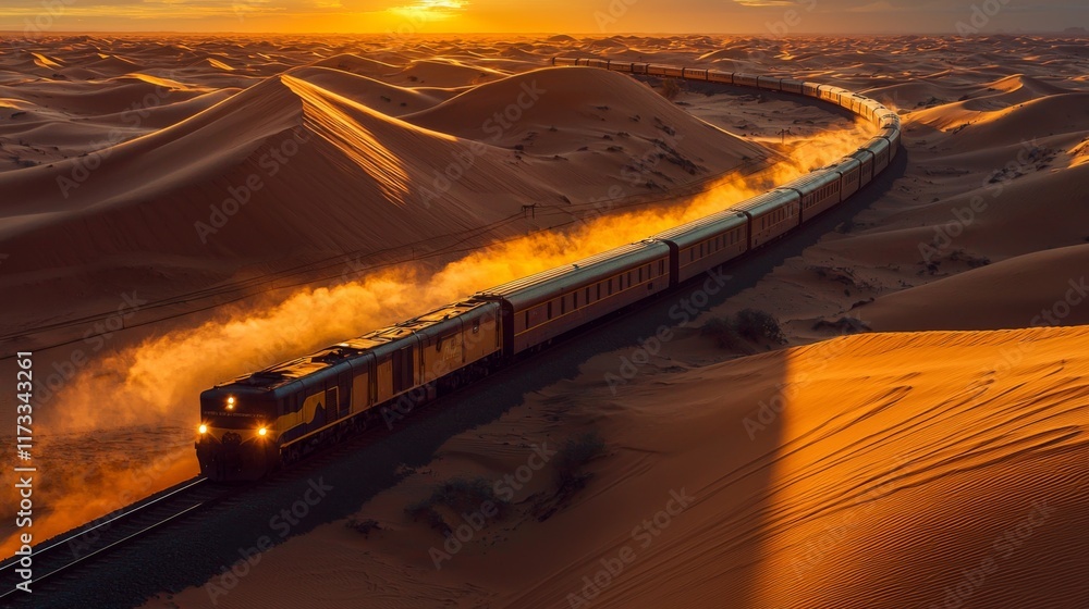 Obraz premium sunset train journey across the desert, with golden sunlight illuminating the landscape and casting long shadows over the sand