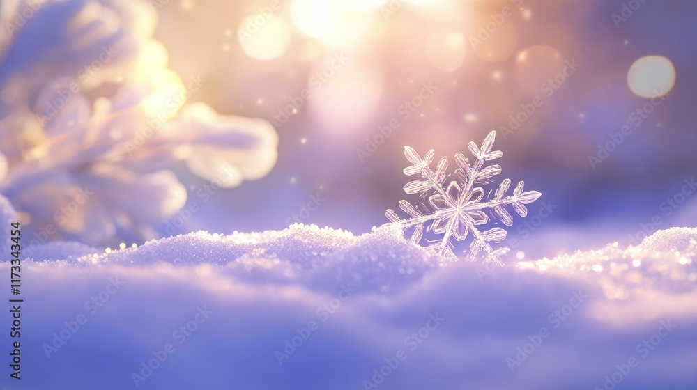 A close-up of a snowflake resting on soft snow, with gentle sparkling highlights and a blurred winter background, evoking the stillness and magic of winter A close-up of a snowflake resting on soft snow, with gentle sparkling highlights and a blurred winter background, evoking the stillness and magic of winter