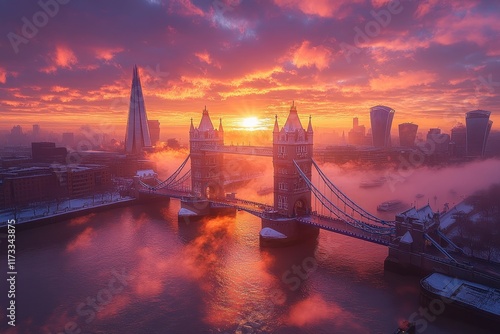 Stunning sunrise over Tower Bridge and the Shard in London with vibrant colors and misty ambiance photo