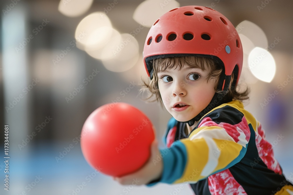 Toddler in red helmet holding a red ball, looking intently. Toddler in red helmet holding a red ball, looking intently.