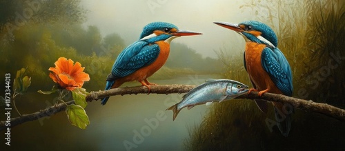 Two kingfishers perched on a branch with a a catch of fish