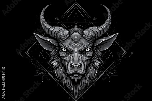 Monochrome illustration of a majestic horned beast's head, intricately detailed with geometric patterns. photo