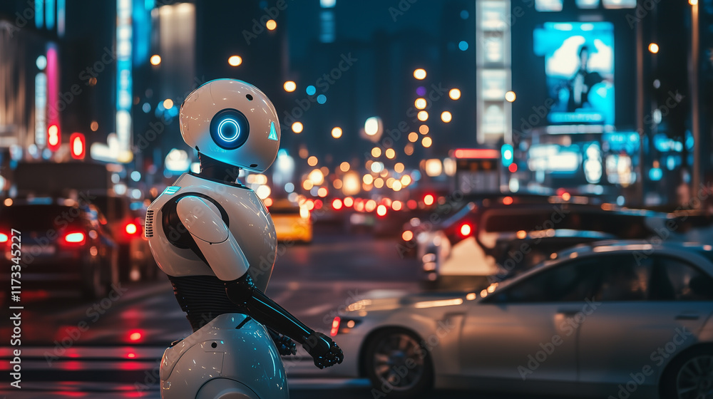 A smart traffic control robot directing vehicles at a busy intersection, illuminated by futuristic city lights A smart traffic control robot directing vehicles at a busy intersection, illuminated by futuristic city lights