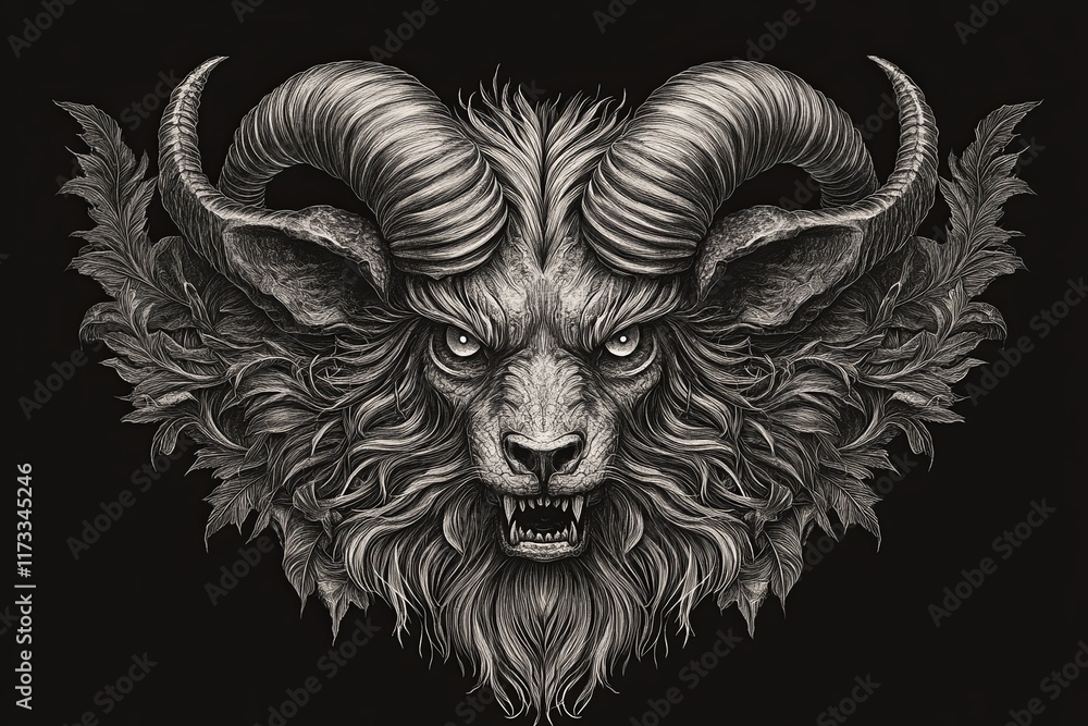 Monochrome illustration of a majestic ram's head with ornate, leaf-like details.