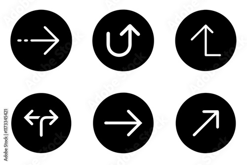 Set of 6 icons with various arrow designs, thin white outline on black circle background, high resolution