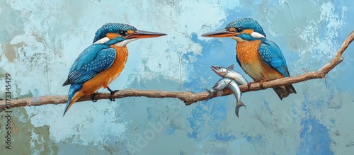 Two kingfishers perched on a branch with a a catch of fish