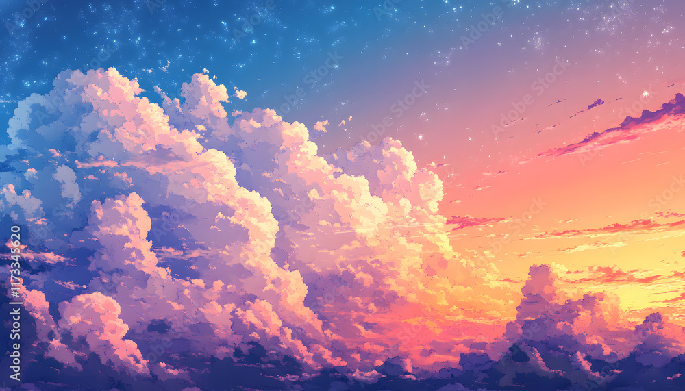Dreamlike Sunset Sky With Fluffy Pink Clouds and Stars Dreamlike Sunset Sky With Fluffy Pink Clouds and Stars