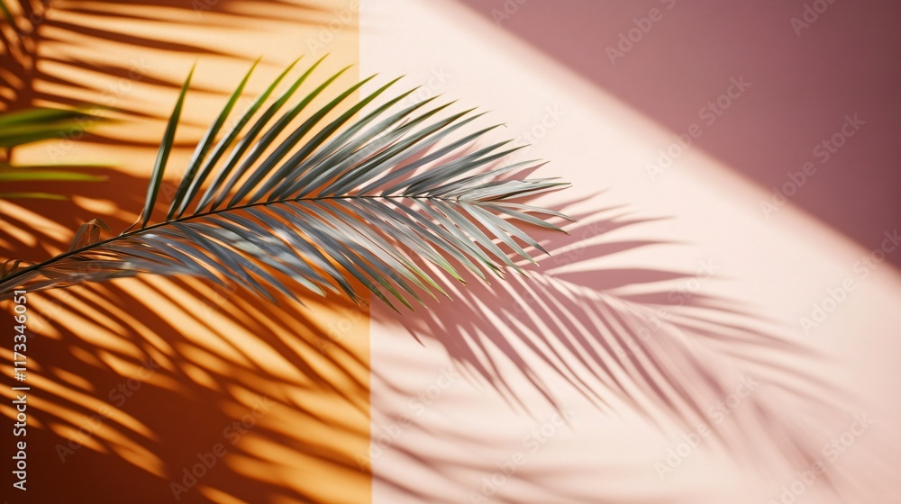 Fototapeta premium Palm Leaf Shadow on Orange and Pink Wall Minimalist Summer Background