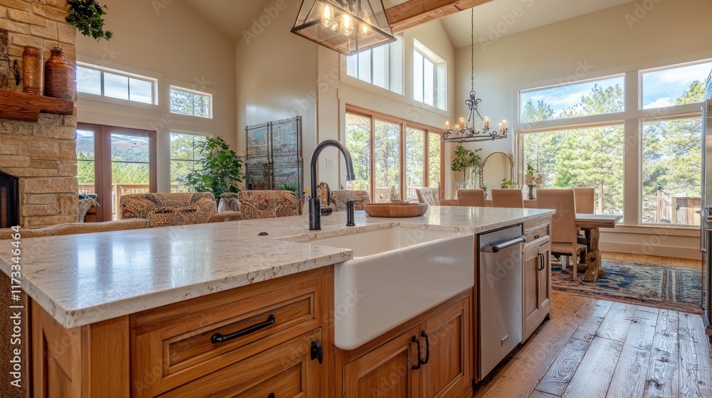 Fototapeta premium Modern kitchen with wooden accents and large windows showcasing a scenic view.