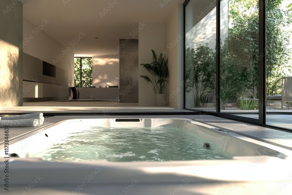 Obraz premium Relaxing hot tub in modern home interior with large windows overlooking a serene garden
