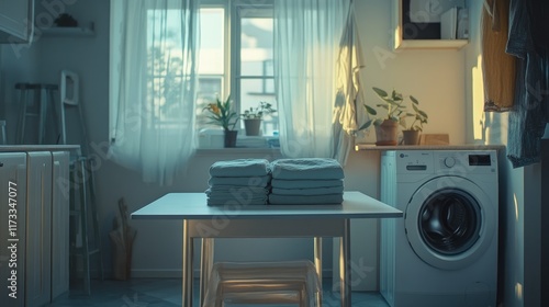 A cozy and domestic room featuring a white table with neatly stacked laundry, accompanied by a washing machine, perfect for conveying home comfort