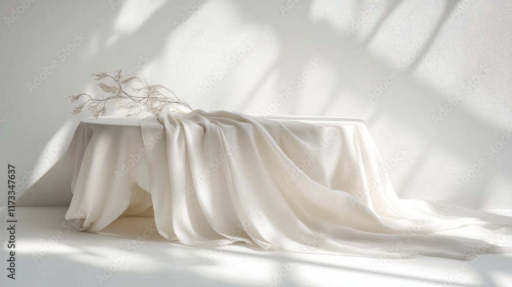 A crisp tablecloth elegantly draped over a table, isolated against a pure white background, creating a clean and sophisticated look perfect for minimalistic photography A crisp tablecloth elegantly draped over a table, isolated against a pure white background, creating a clean and sophisticated look perfect for minimalistic photography