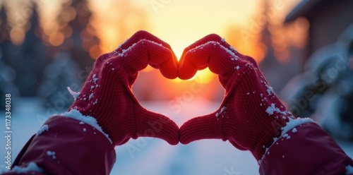 Heart-shaped hands in winter gloves, sunset backdrop, visual, light, winter