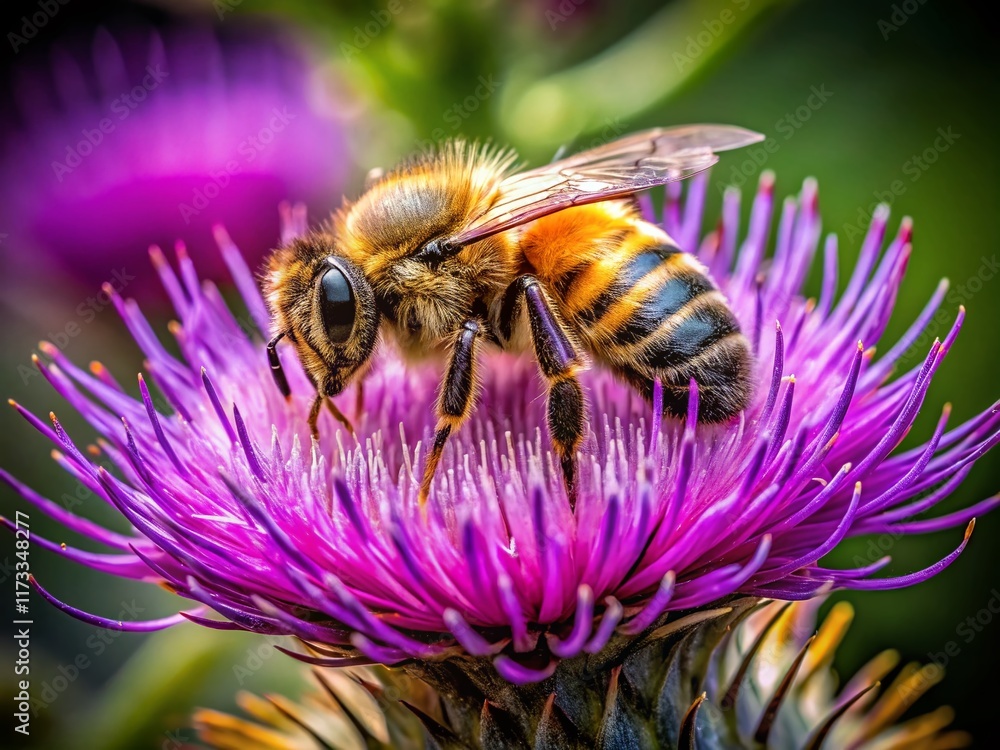 Macro Photography: Bee on Thistle Flower, Detailed Close-Up Macro Photography: Bee on Thistle Flower, Detailed Close-Up