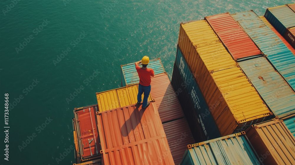 Fototapeta premium A man in a red shirt is standing on a deck of a ship