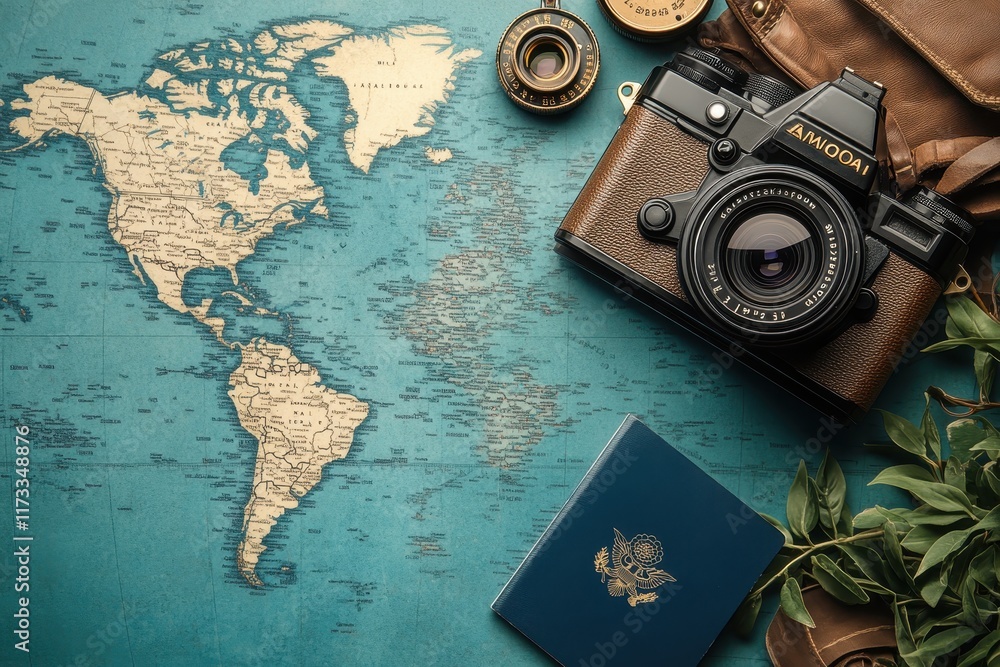 Fototapeta premium Exploring the world through travel photography with a vintage camera and passport on a map