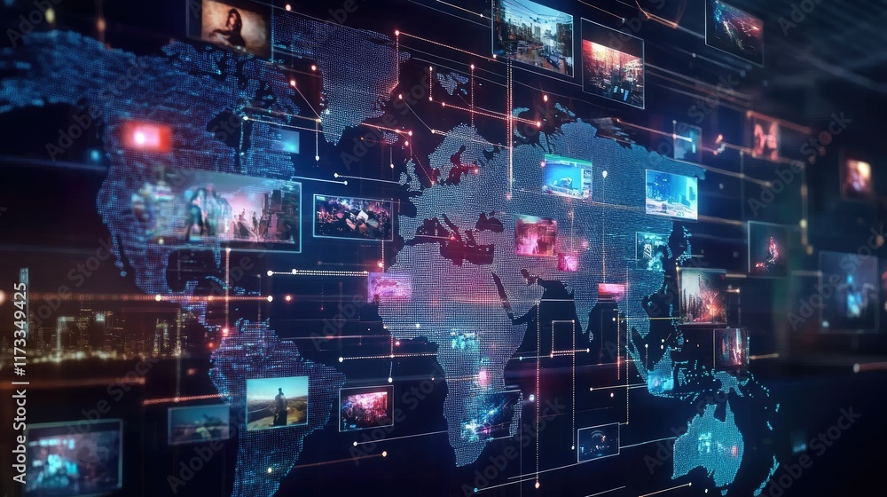 A digital map showing worldwide internet streaming connections, with icons of video content streaming across the world in real-time A digital map showing worldwide internet streaming connections, with icons of video content streaming across the world in real-time