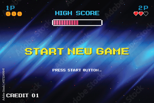 START NEW GAME. pixel art .8 bit game. retro game. Retro Futurism Sci-Fi Background. glowing neon grid. and stars from vintage arcade computer games