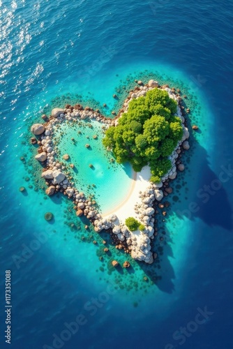 Heart-shaped isle, pristine beaches, vibrant coral reefs, shoreline, reef, paradise
