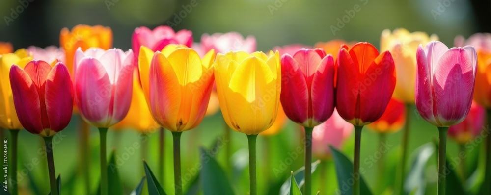 Fototapeta premium Vibrant spring tulips aligned in a row, colorful blooms , sunlight, bud