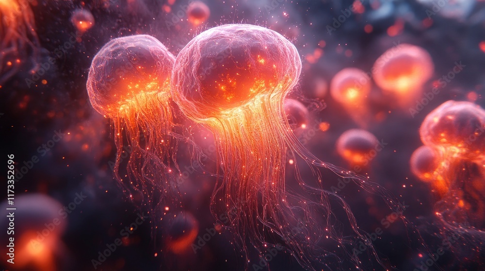 Naklejka premium Digital ecosystem with glowing life forms made of pure energy