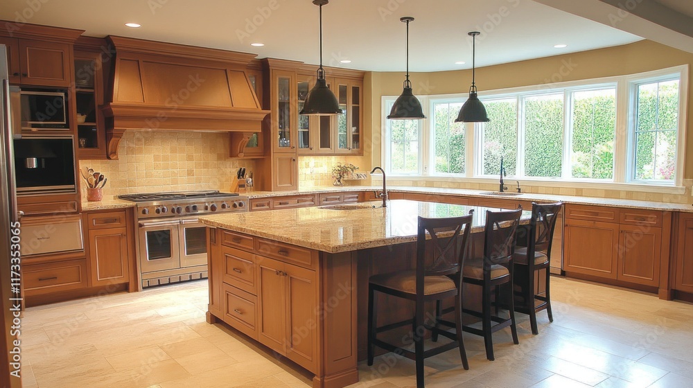 Fototapeta premium Modern kitchen with wooden cabinets, large island, and natural light.