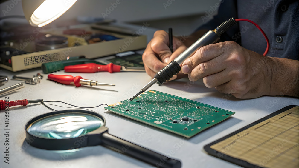 Technician Soldering Circuit Board Using Tool and Magnifying Glass Technician Soldering Circuit Board Using Tool and Magnifying Glass