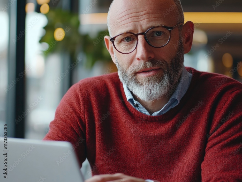 Businessman in Red Sweater Working on Computer Businessman in Red Sweater Working on Computer