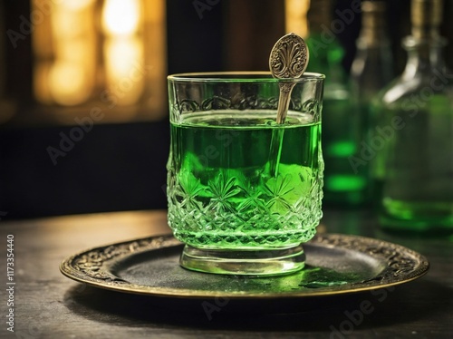 A close-up of a traditional absinthe glass filled with a vibrant green liquid photo