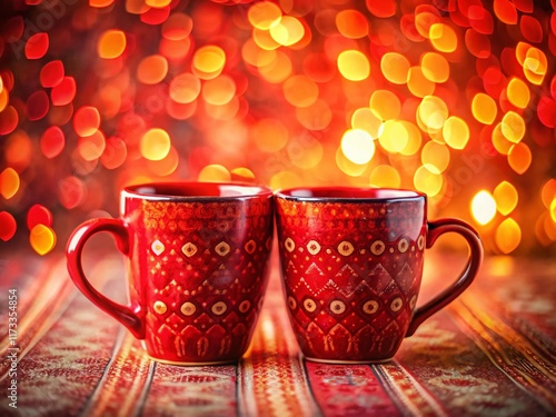 Macro Shot: Red Coffee Mugs on Colorful Patterned Background - Vibrant Stock Photo photo