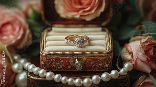 Vintage Engagement Ring in Ornate Jewelry Box with Roses and Pearls Romantic Vintage Wedding Jewelry Antique Engagement Ring Photography Heirloom-Inspired Bridal Accessories photo