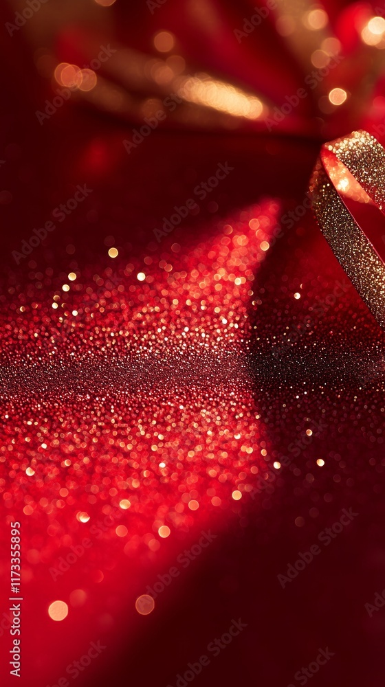 Glittering red and gold surface with sparkling lights and ribbon Glittering red and gold surface with sparkling lights and ribbon