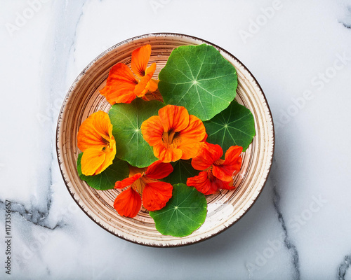 Top view of a dish with nasturtium plants, Indian cress blossoms, and leaves on a kitchen table